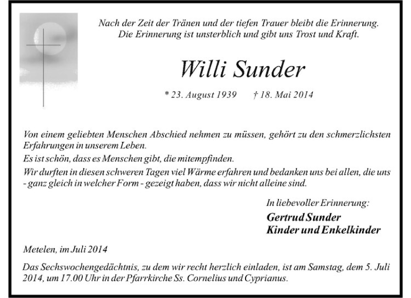  Traueranzeige für Willi Sunder vom 02.07.2014 aus Westfälische Nachrichten
