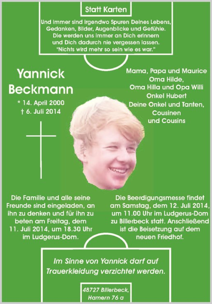  Traueranzeige für Yannick Beckmann vom 09.07.2014 aus Westfälische Nachrichten