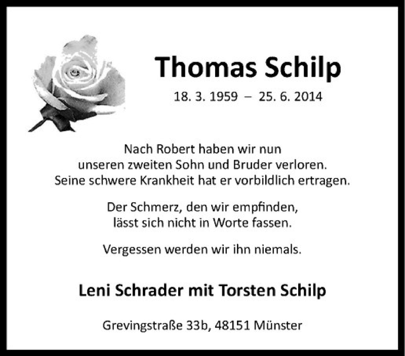  Traueranzeige für Thomas Schilp vom 12.07.2014 aus Westfälische Nachrichten