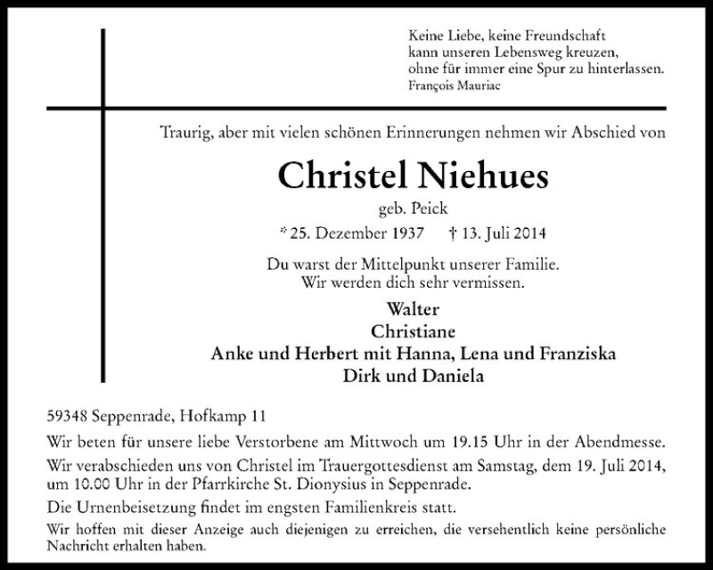 Traueranzeige für Christel Niehues vom 15.07.2014 aus Westfälische Nachrichten
