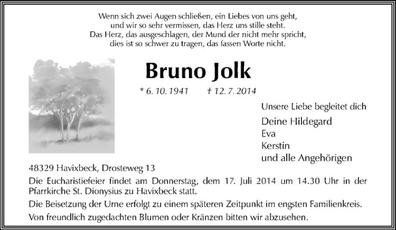  Traueranzeige für Bruno Jolk vom 15.07.2014 aus Westfälische Nachrichten