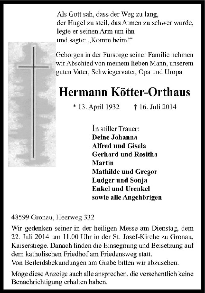  Traueranzeige für Hermann Kötter-Orthaus vom 19.07.2014 aus Westfälische Nachrichten