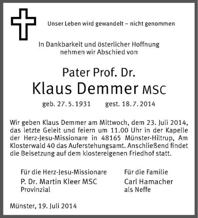  Traueranzeige für Klaus Demmer vom 22.07.2014 aus Westfälische Nachrichten