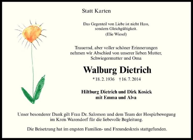  Traueranzeige für Walburg Dietrich vom 22.07.2014 aus Westfälische Nachrichten