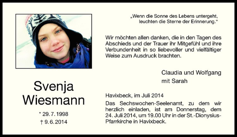  Traueranzeige für Svenja Wiesmann vom 22.07.2014 aus Westfälische Nachrichten