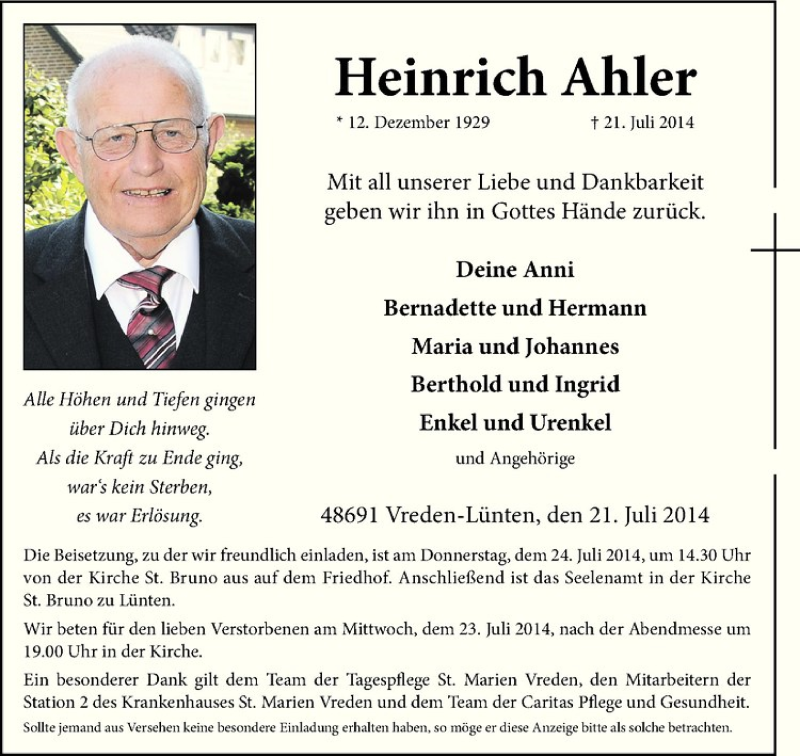  Traueranzeige für Heinrich Ahler vom 23.07.2014 aus Westfälische Nachrichten