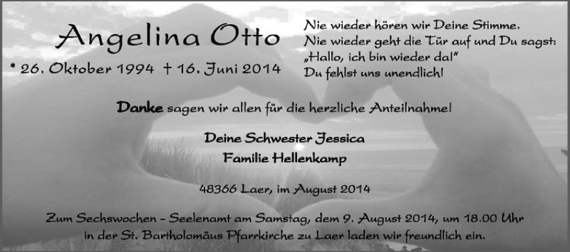  Traueranzeige für Angelina Otto vom 02.08.2014 aus Westfälische Nachrichten