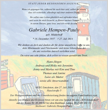 Anzeige von Gabriele Hempen-Pauly von Westfälische Nachrichten