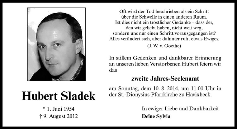  Traueranzeige für Hubert Sladek vom 02.08.2014 aus Westfälische Nachrichten