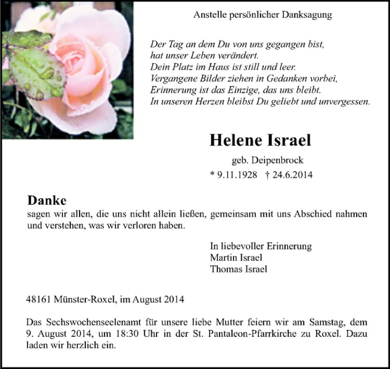  Traueranzeige für Helene Israel vom 02.08.2014 aus Westfälische Nachrichten