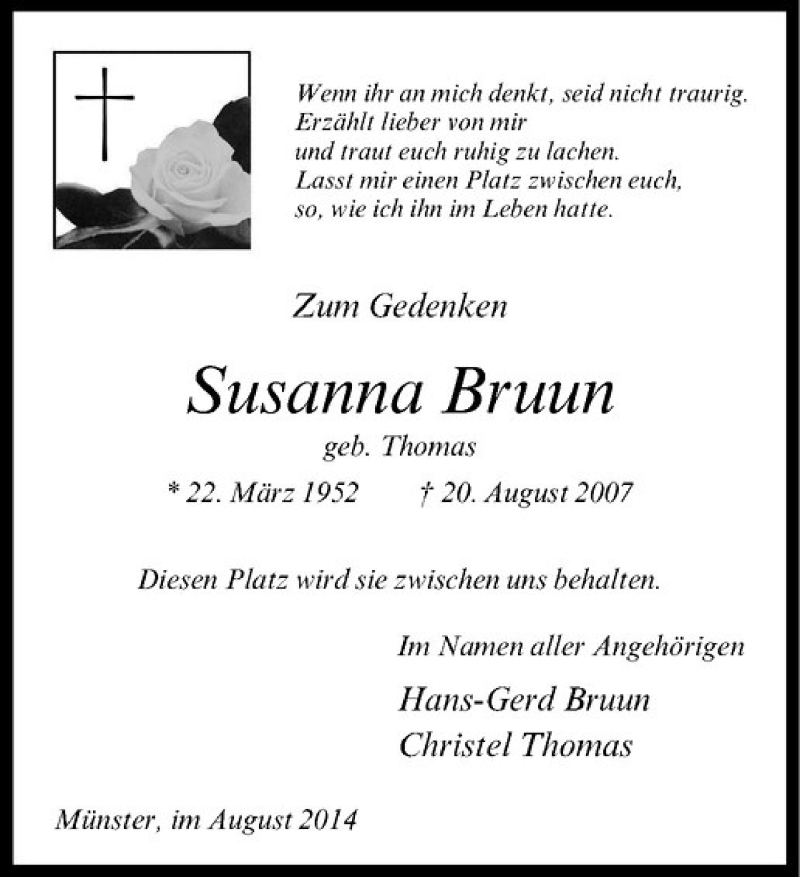  Traueranzeige für Susanna Bruun vom 20.08.2014 aus Westfälische Nachrichten