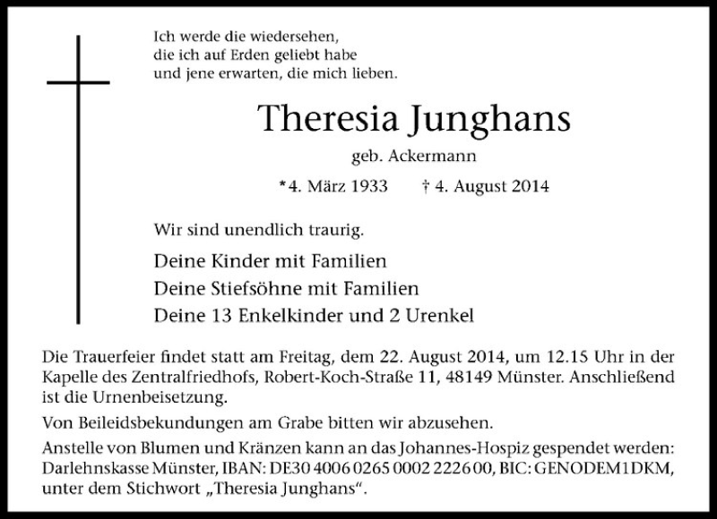  Traueranzeige für Theresia Junghans vom 09.08.2014 aus Westfälische Nachrichten