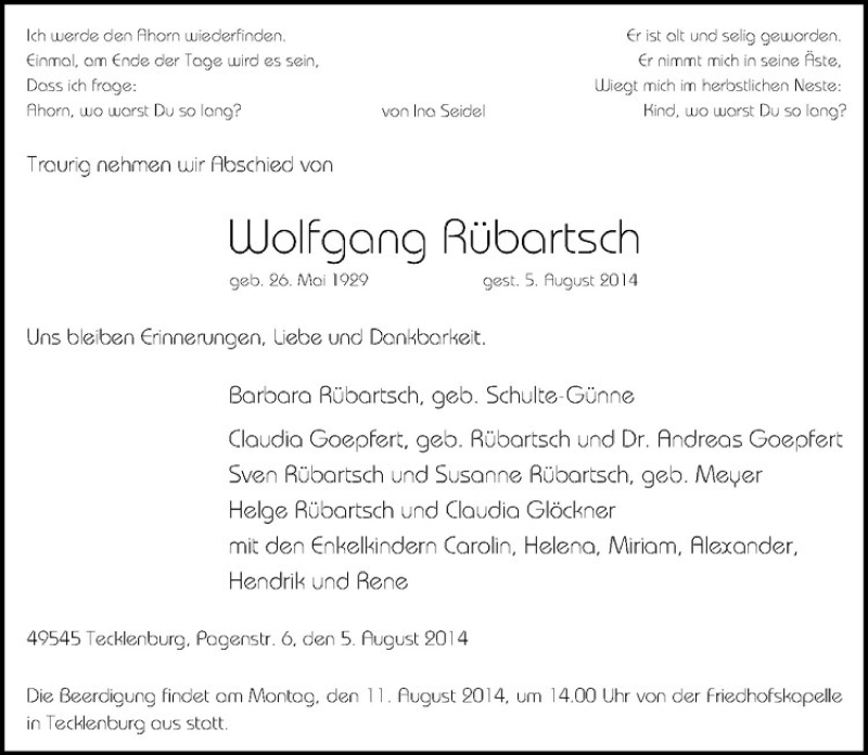  Traueranzeige für Wolfgang Rübartsch vom 09.08.2014 aus Westfälische Nachrichten