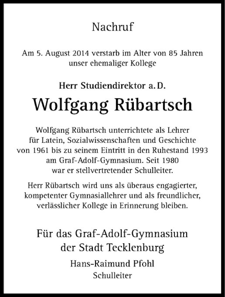  Traueranzeige für Wolfgang Rübartsch vom 12.08.2014 aus Westfälische Nachrichten