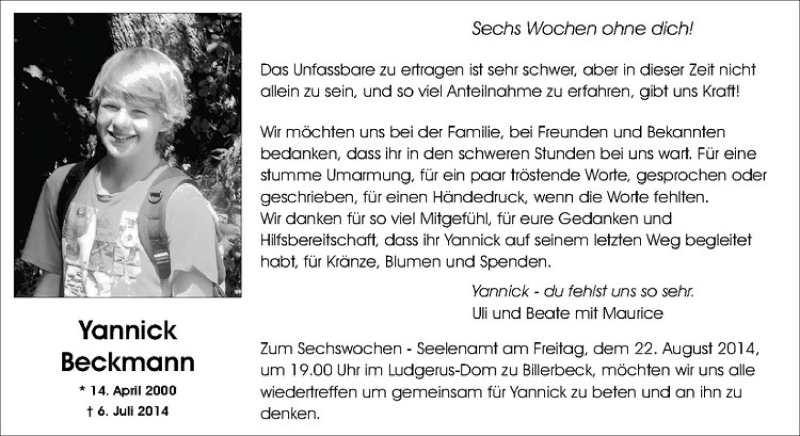  Traueranzeige für Yannick Beckmann vom 18.08.2014 aus Westfälische Nachrichten