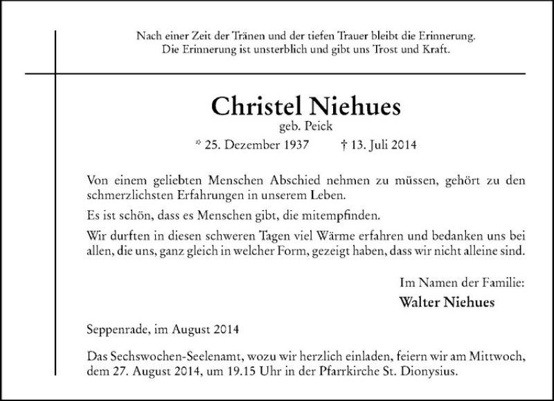  Traueranzeige für Christel Niehues vom 23.08.2014 aus Westfälische Nachrichten