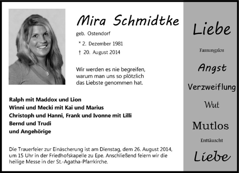  Traueranzeige für Mira Schmidtke vom 23.08.2014 aus Westfälische Nachrichten