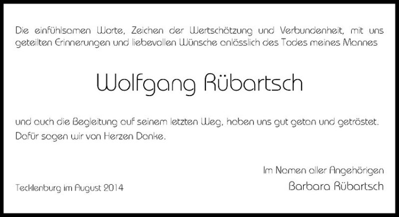  Traueranzeige für Wolfgang Rübartsch vom 27.08.2014 aus Westfälische Nachrichten