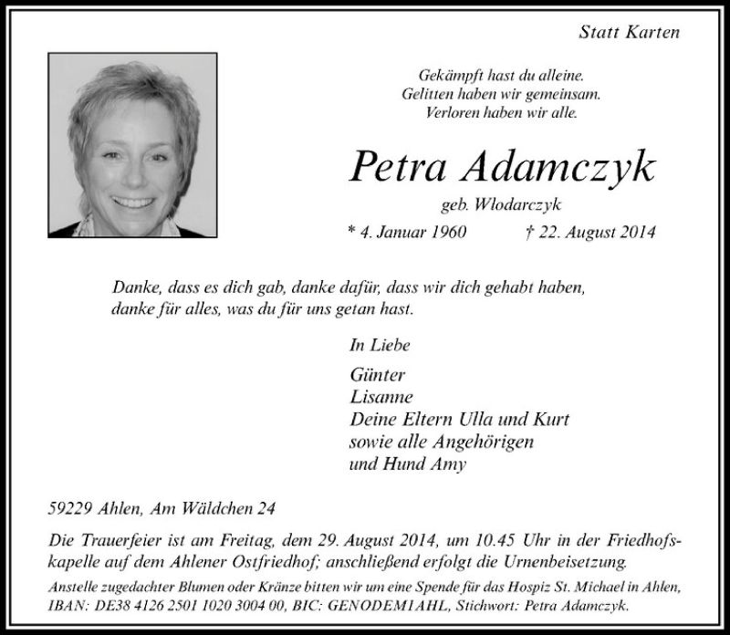  Traueranzeige für Petra Adamczyk vom 25.08.2014 aus Westfälische Nachrichten