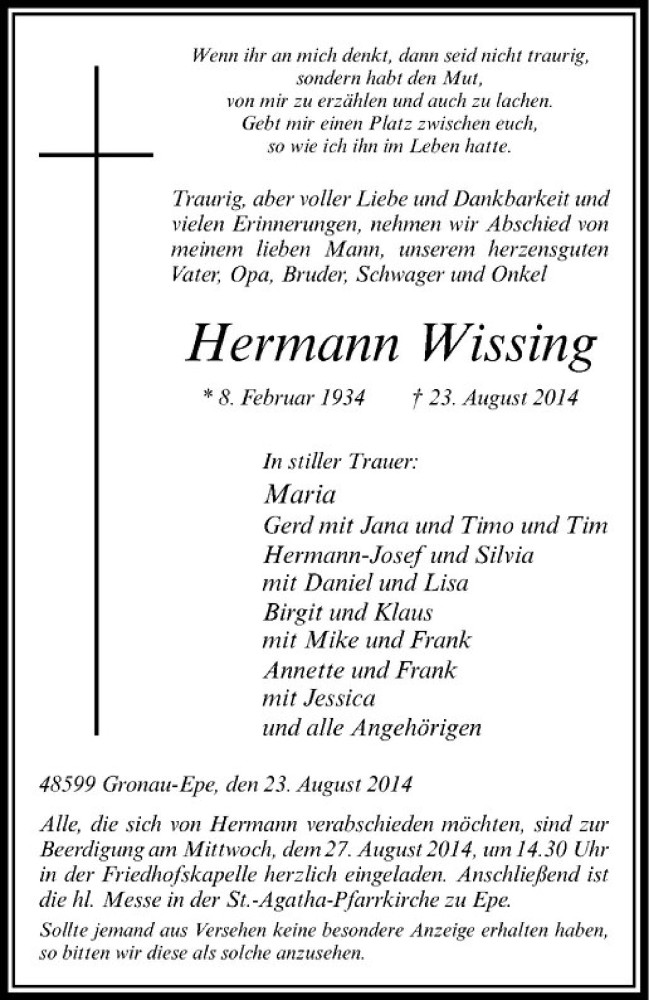  Traueranzeige für Hermann Wissing vom 25.08.2014 aus Westfälische Nachrichten