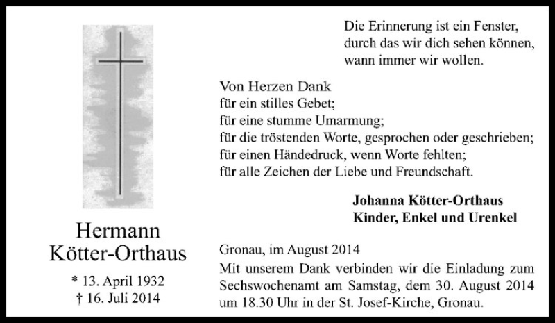  Traueranzeige für Hermann Kötter-Orthaus vom 26.08.2014 aus Westfälische Nachrichten