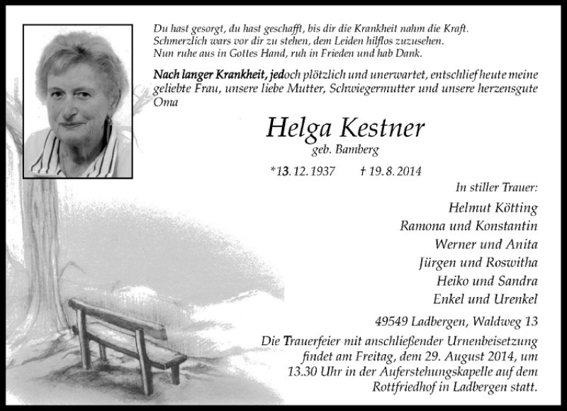  Traueranzeige für Helga Kestner vom 27.08.2014 aus Westfälische Nachrichten