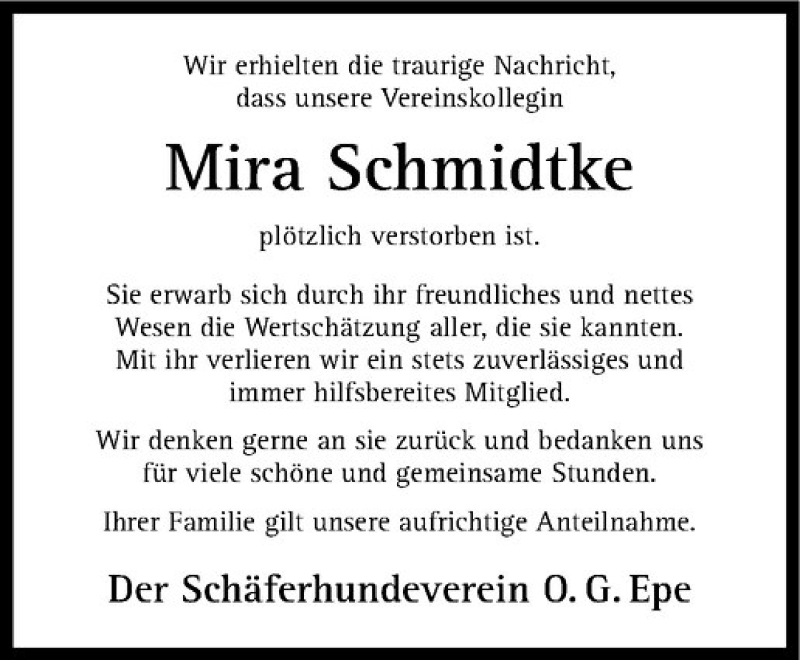  Traueranzeige für Mira Schmidtke vom 26.08.2014 aus Westfälische Nachrichten