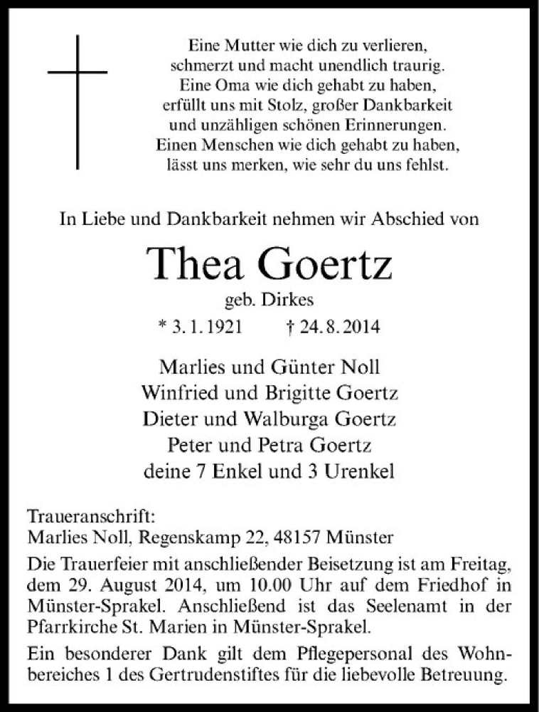 Traueranzeige für Thea Goertz vom 27.08.2014 aus Westfälische Nachrichten
