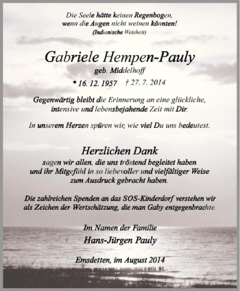 Anzeige von Gabriele Hempen-Pauly von Westfälische Nachrichten