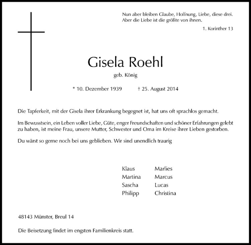  Traueranzeige für Gisela Roehl vom 30.08.2014 aus Westfälische Nachrichten