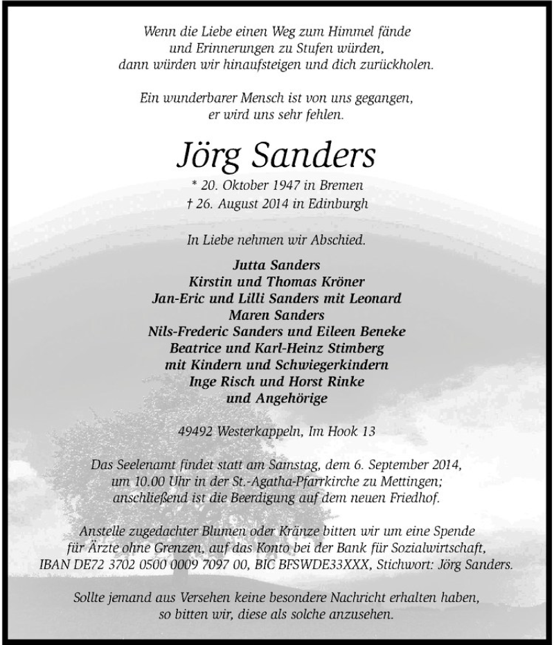  Traueranzeige für Jörg Sanders vom 04.09.2014 aus Westfälische Nachrichten