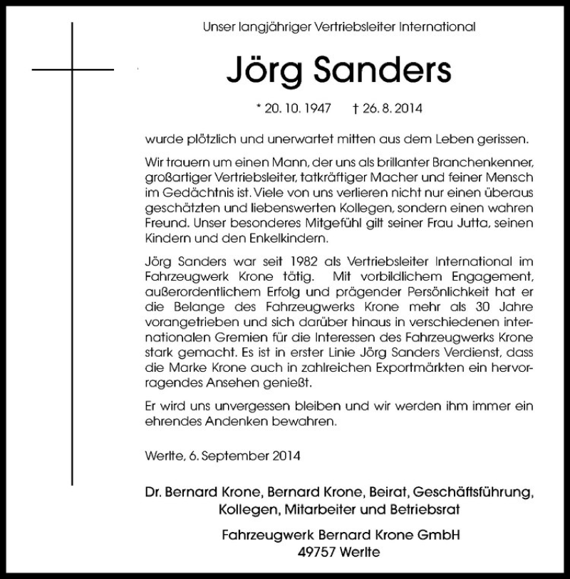  Traueranzeige für Jörg Sanders vom 06.09.2014 aus Westfälische Nachrichten