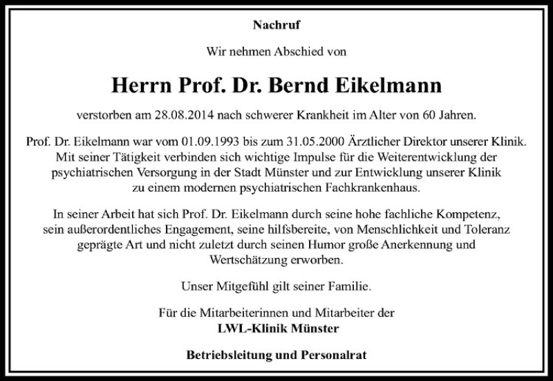  Traueranzeige für Bernd Eikelmann vom 06.09.2014 aus Westfälische Nachrichten