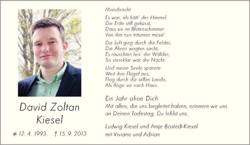  Traueranzeige für David Zoltan Kiesel vom 13.09.2014 aus Westfälische Nachrichten