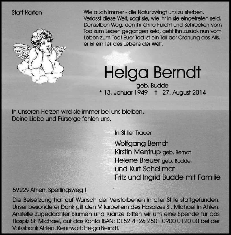  Traueranzeige für Helga Berndt vom 11.09.2014 aus Westfälische Nachrichten