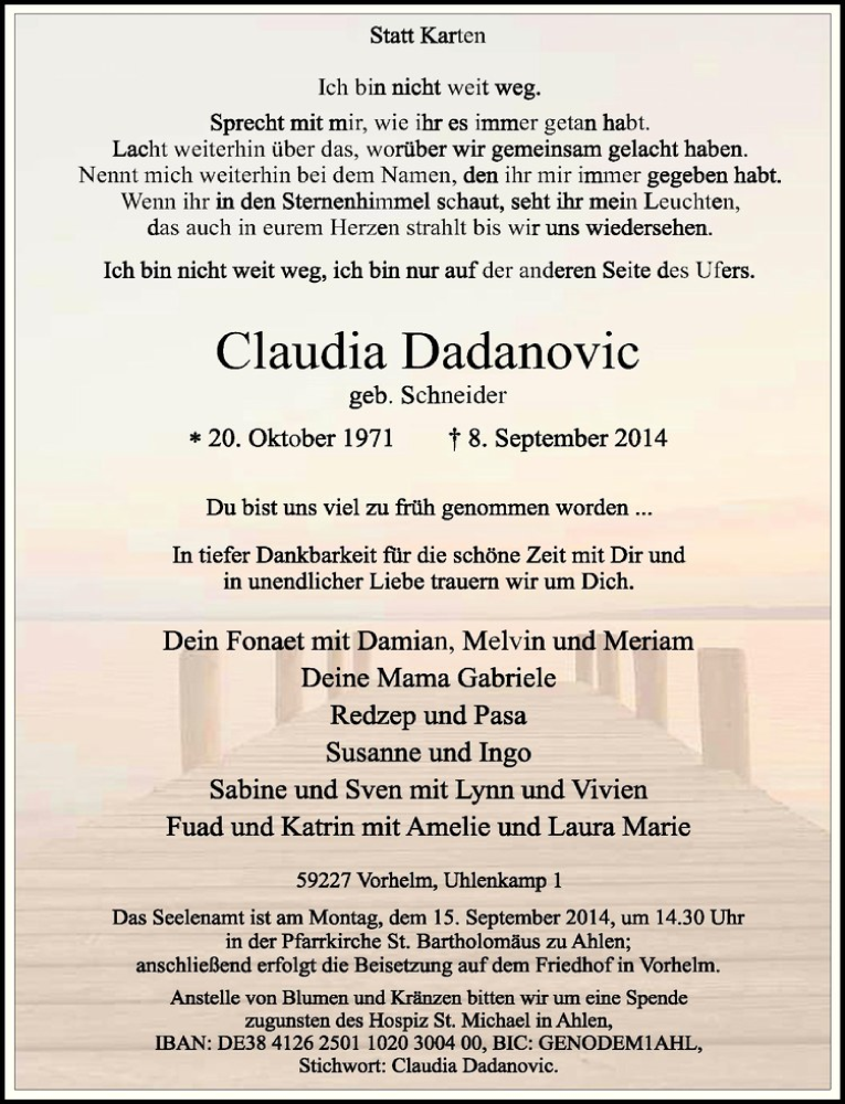  Traueranzeige für Claudia Dadanovic vom 12.09.2014 aus Westfälische Nachrichten