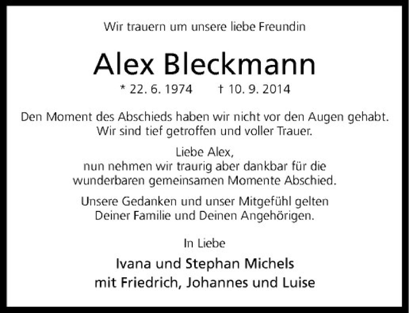  Traueranzeige für Alex Bleckmann vom 13.09.2014 aus Westfälische Nachrichten