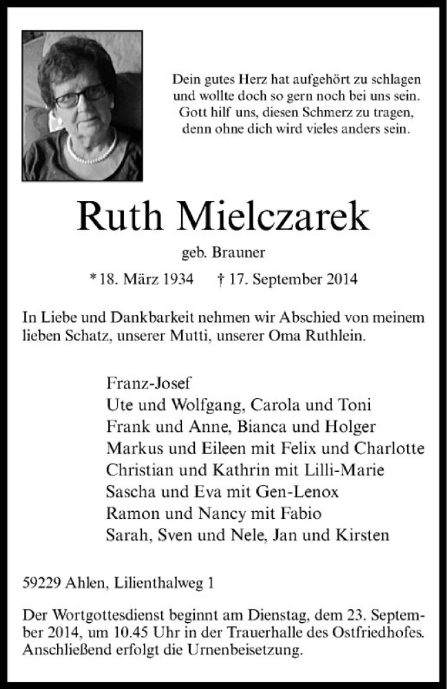  Traueranzeige für Ruth Mielczarek vom 20.09.2014 aus Westfälische Nachrichten