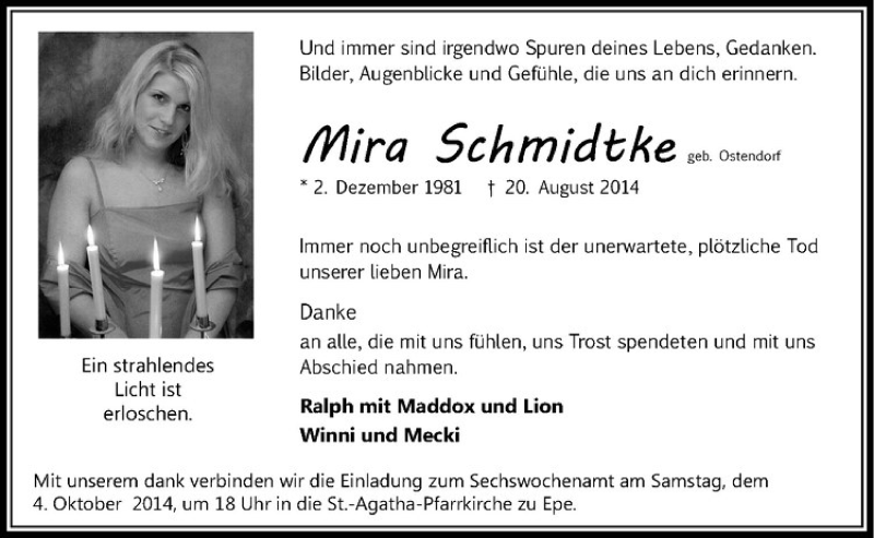  Traueranzeige für Mira Schmidtke vom 27.09.2014 aus Westfälische Nachrichten