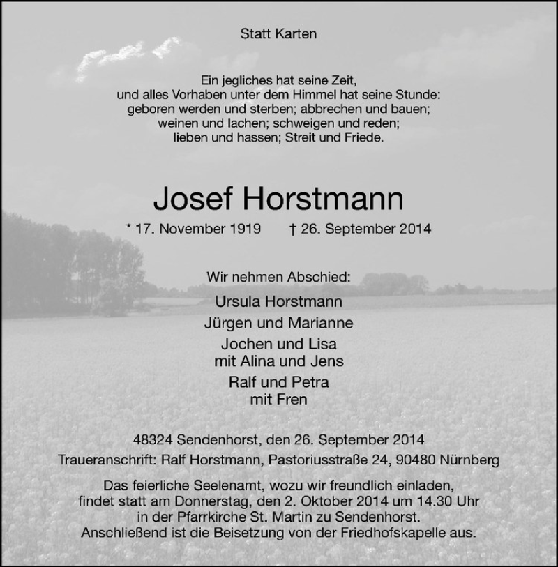  Traueranzeige für Josef Horstmann vom 29.09.2014 aus Westfälische Nachrichten