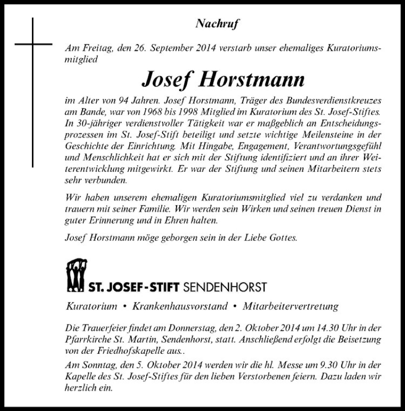  Traueranzeige für Josef Horstmann vom 30.09.2014 aus Westfälische Nachrichten