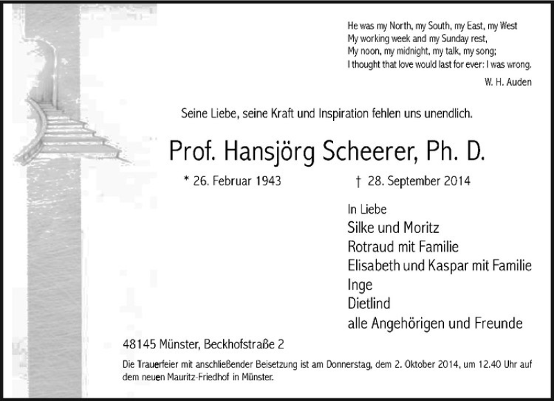  Traueranzeige für Hansjörg Scheerer vom 30.09.2014 aus Westfälische Nachrichten