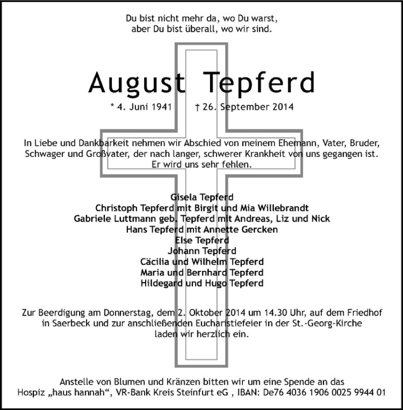  Traueranzeige für August Tepferd vom 30.09.2014 aus Westfälische Nachrichten
