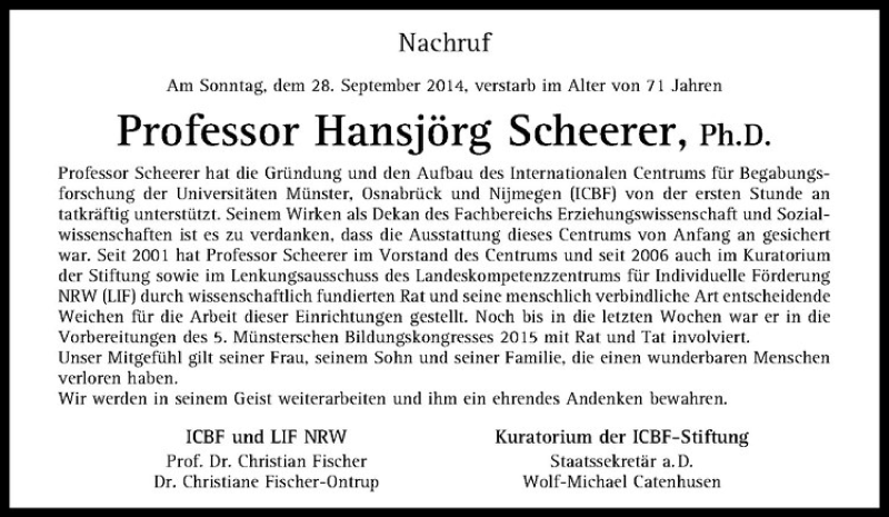  Traueranzeige für Hansjörg Scheerer vom 02.10.2014 aus Westfälische Nachrichten