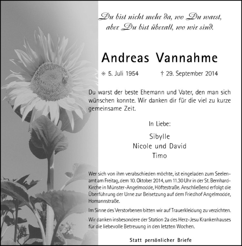  Traueranzeige für Andreas Vannahme vom 04.10.2014 aus Westfälische Nachrichten