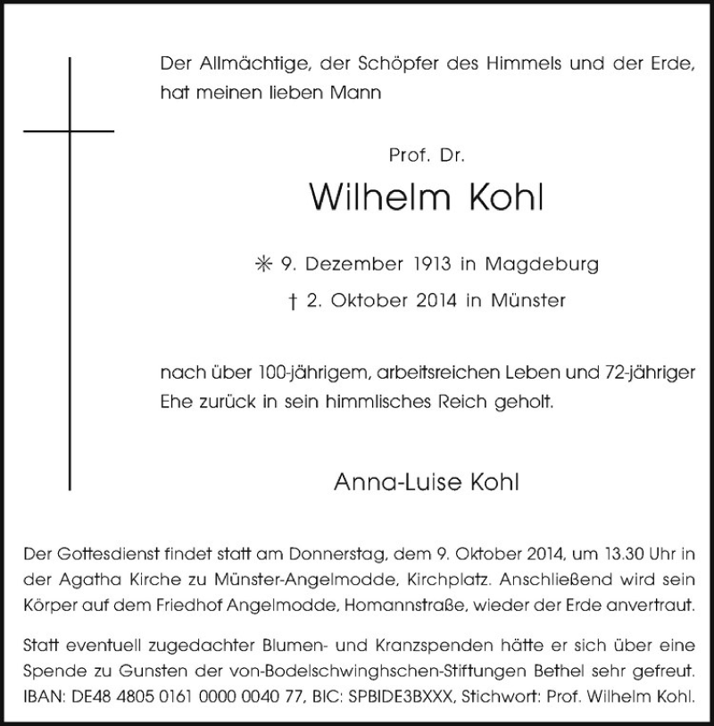  Traueranzeige für Wilhelm Kohl vom 06.10.2014 aus Westfälische Nachrichten