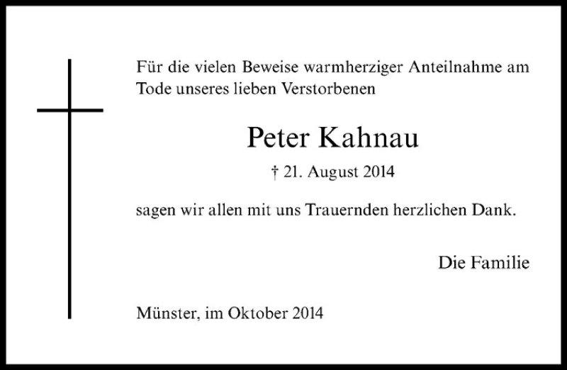  Traueranzeige für Peter Kahnau vom 11.10.2014 aus Westfälische Nachrichten