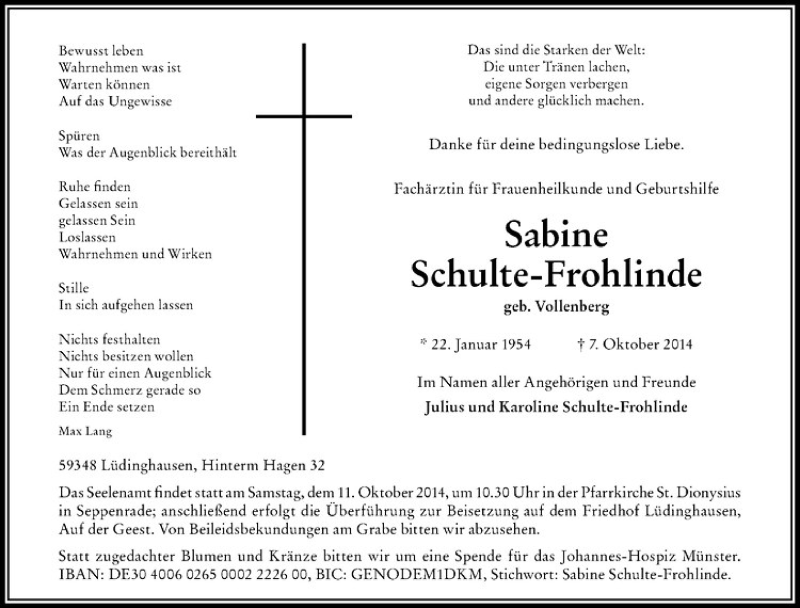  Traueranzeige für Sabine Schulte-Frohlinde vom 09.10.2014 aus Westfälische Nachrichten
