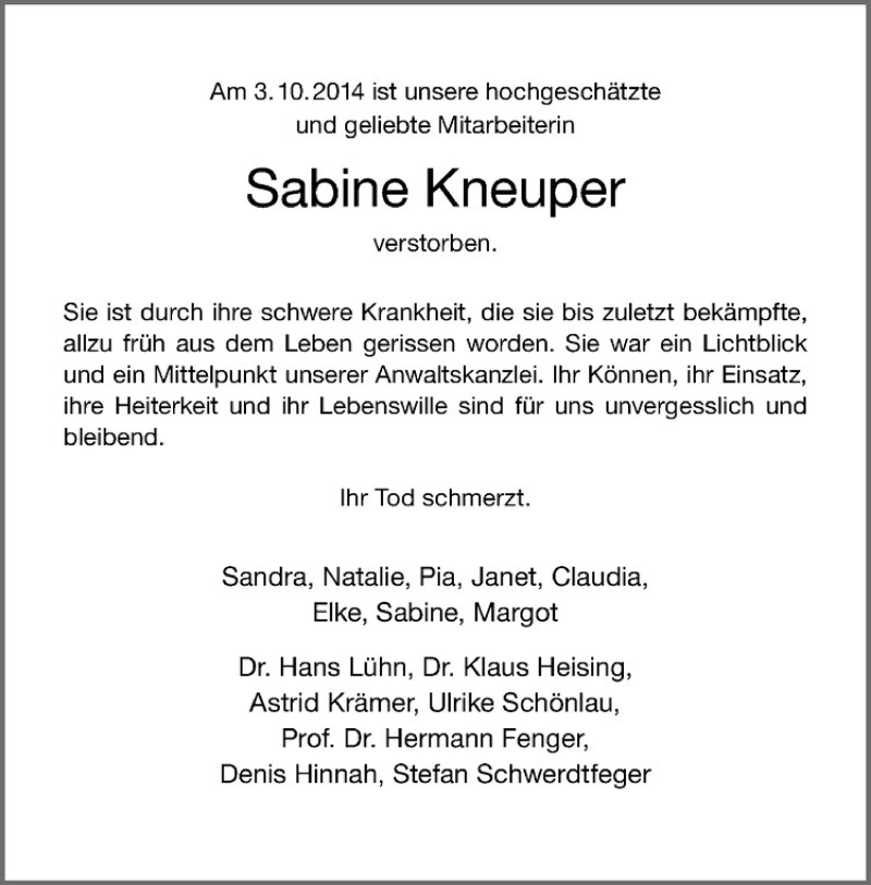  Traueranzeige für Sabine Kneuper vom 11.10.2014 aus Westfälische Nachrichten