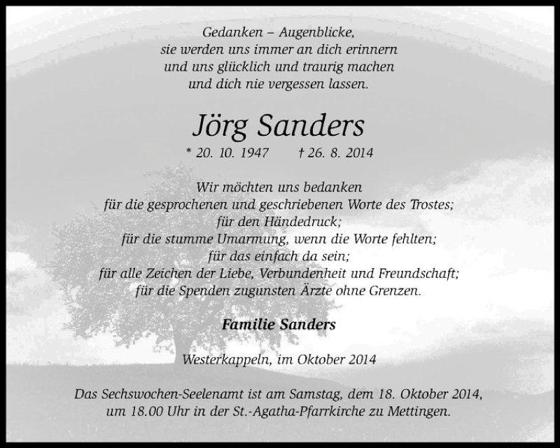  Traueranzeige für Jörg Sanders vom 11.10.2014 aus Westfälische Nachrichten